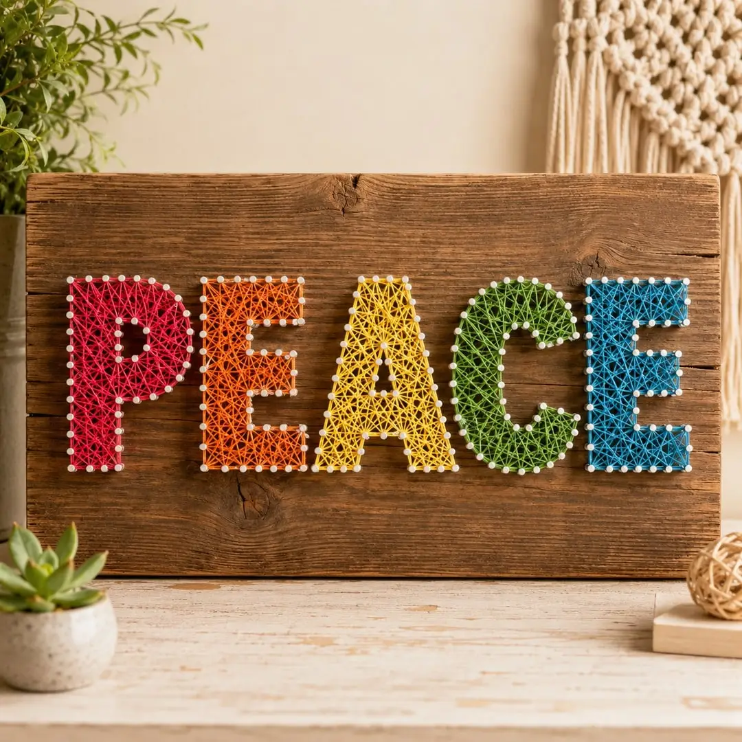 PEACE String Art on a Pine Board